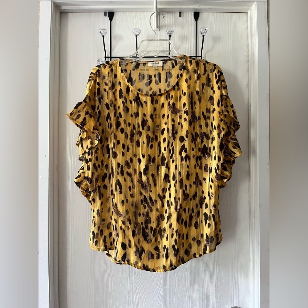 Umgee Yellow Leopard Print Sheer Blouse with Ruffle Sleeves